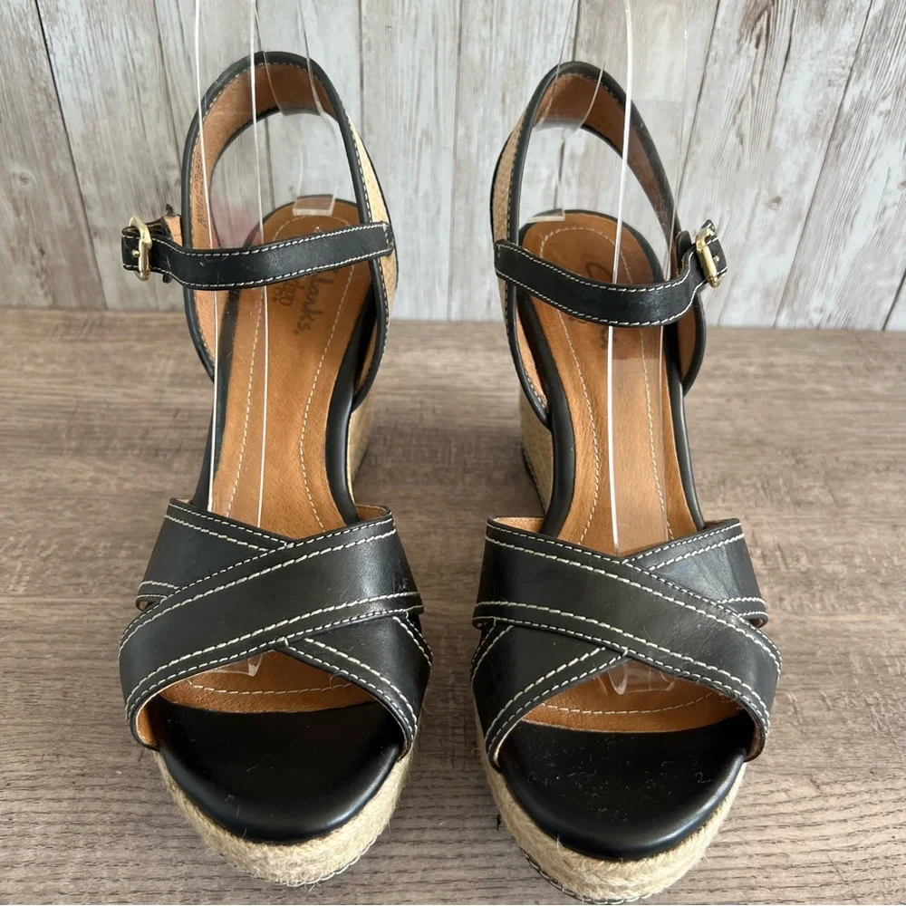 Clarks Amelia Air Black and Natural Espadrille Wedge Sandals 8.5 - Picture 5 of 9